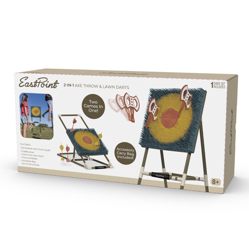 slide 6 of 6, EastPoint 2 in 1 Outdoor Game Set – Axe Throw Target Game with 3 Safety Axes and Lawn Darts with Stakes,Backyard & Tailgate Play, 1 ct