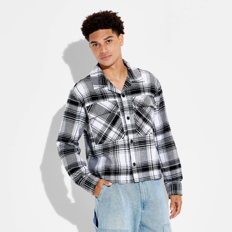 slide 2 of 3, Men's Checked Cropped Flannel Camp Shirt - Original Use™ Black/White M, 1 ct