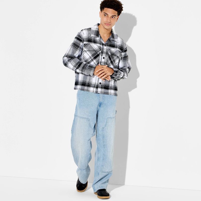 slide 1 of 3, Men's Checked Cropped Flannel Camp Shirt - Original Use™ Black/White M, 1 ct