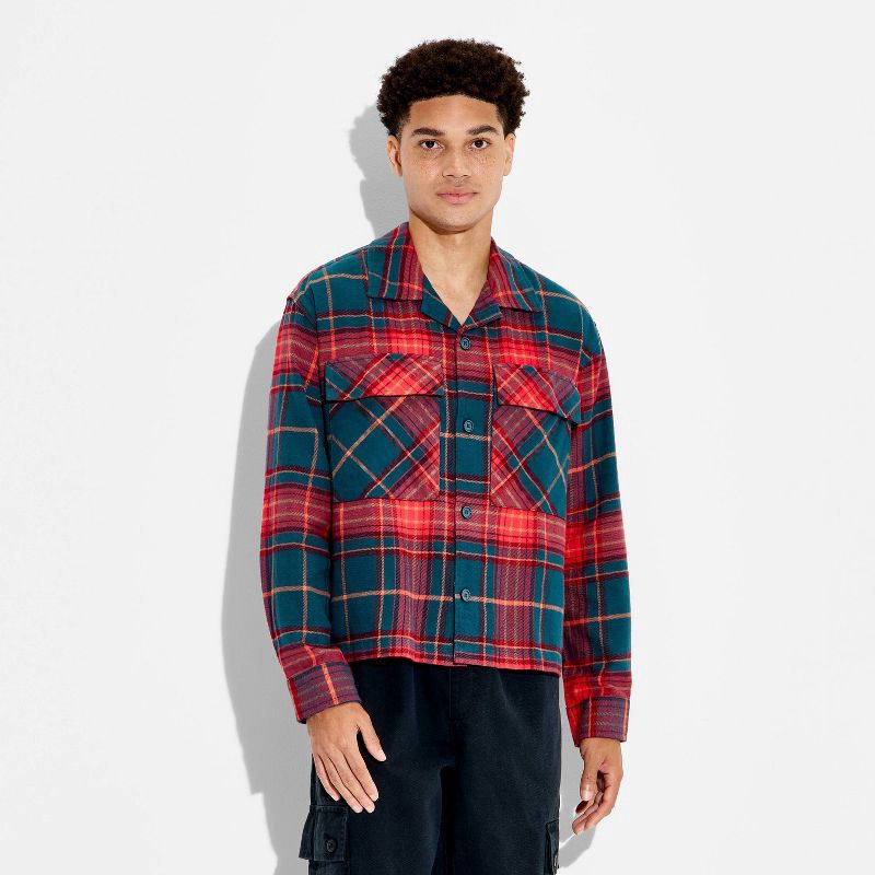 slide 2 of 3, Men's Checked Cropped Flannel Camp Shirt - Original Use™ Red M, 1 ct