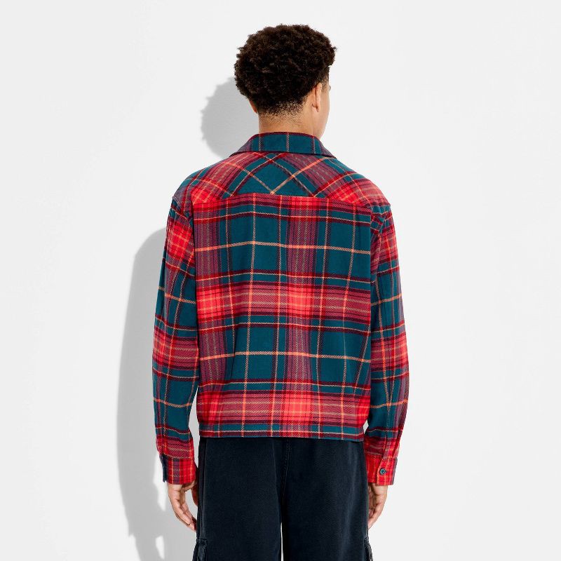 slide 3 of 3, Men's Checked Cropped Flannel Camp Shirt - Original Use™ Red L, 1 ct