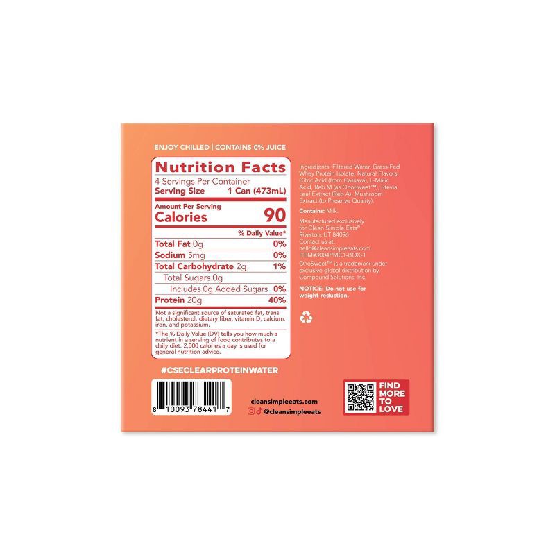 slide 7 of 7, Clean Simple Eats Clear Protein Water Peach Mango Creme - 4pk/16 fl oz Cans, 4 ct; 16 fl oz