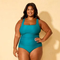 Women's Shirred Tummy Control Square Neck Full Coverage One Piece Swimsuit - Shade & Shore™ Teal Blue 24