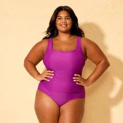 Women's Shirred Tummy Control Square Neck Full Coverage One Piece Swimsuit - Shade & Shore™ Purple 20