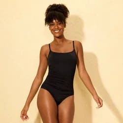 Women's Smoothing Shirred Scoop Neck Full Coverage One Piece Swimsuit - Shade & Shore™ Black S