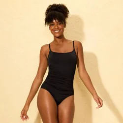 Women's Smoothing Shirred Scoop Neck Full Coverage One Piece Swimsuit - Shade & Shore™ Black M