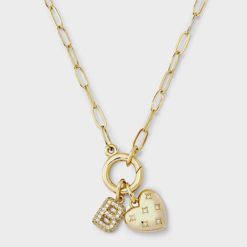 slide 1 of 4, 14K Gold Dipped Cubic Zirconia Puffy Heart Charm B Initial Necklace - A New Day™ Gold, 1 ct