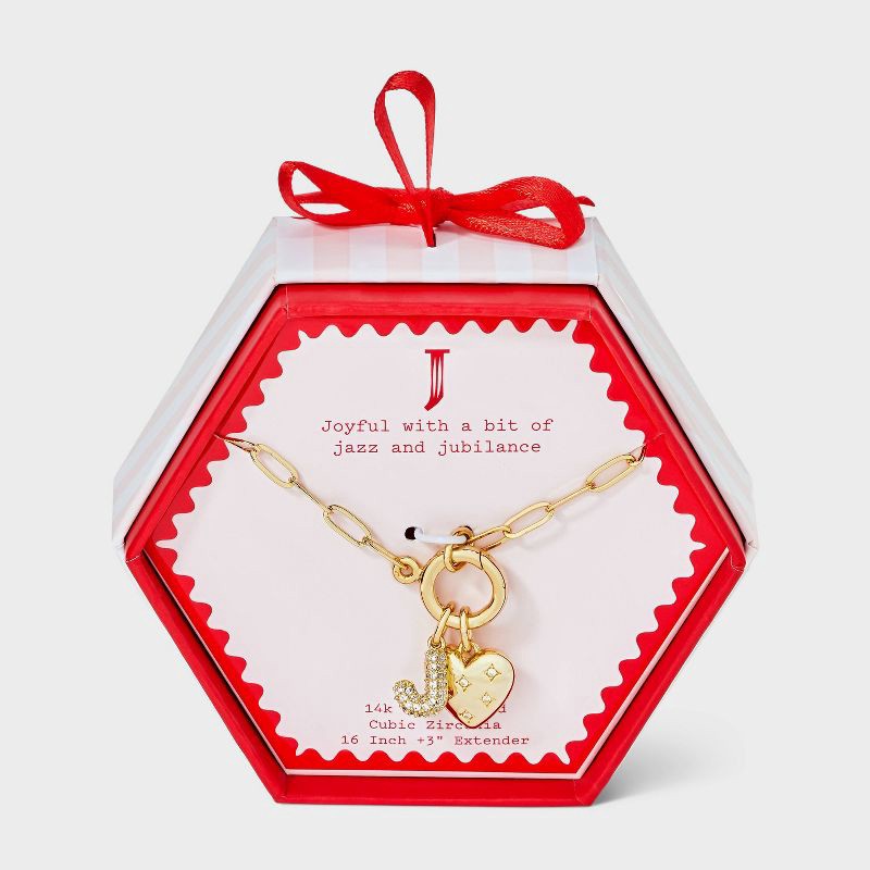 slide 1 of 4, 14K Gold Dipped Cubic Zirconia Puffy Heart Charm J Initial Necklace - A New Day™ Gold, 1 ct