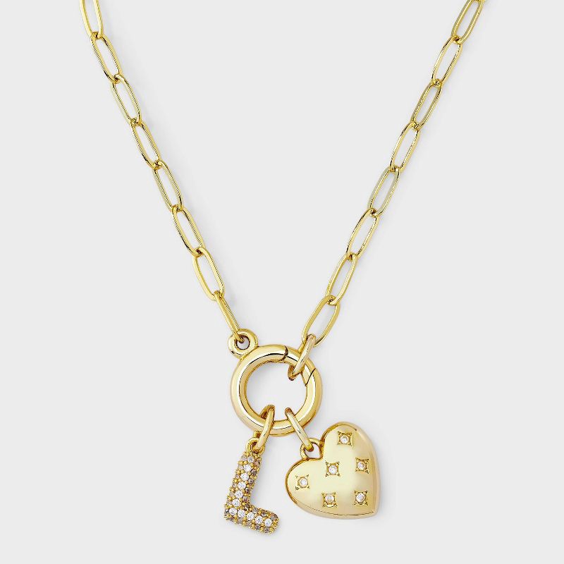 slide 2 of 4, 14K Gold Dipped Cubic Zirconia Puffy Heart Charm L Initial Necklace - A New Day™ Gold, 1 ct