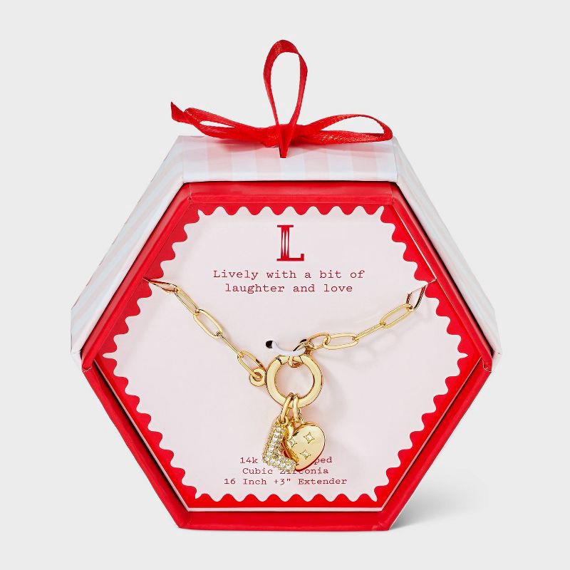 slide 1 of 4, 14K Gold Dipped Cubic Zirconia Puffy Heart Charm L Initial Necklace - A New Day™ Gold, 1 ct