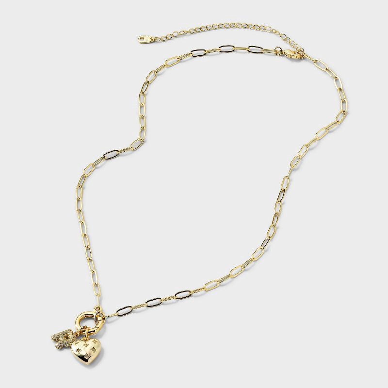 slide 4 of 4, 14K Gold Dipped Cubic Zirconia Puffy Heart Charm R Initial Necklace - A New Day™ Gold, 1 ct