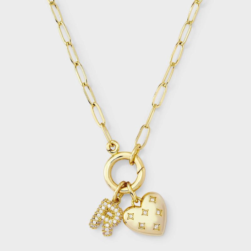 slide 2 of 4, 14K Gold Dipped Cubic Zirconia Puffy Heart Charm R Initial Necklace - A New Day™ Gold, 1 ct