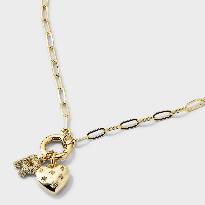 slide 3 of 4, 14K Gold Dipped Cubic Zirconia Puffy Heart Charm R Initial Necklace - A New Day™ Gold, 1 ct