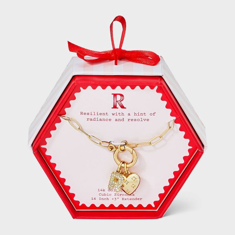 slide 1 of 4, 14K Gold Dipped Cubic Zirconia Puffy Heart Charm R Initial Necklace - A New Day™ Gold, 1 ct