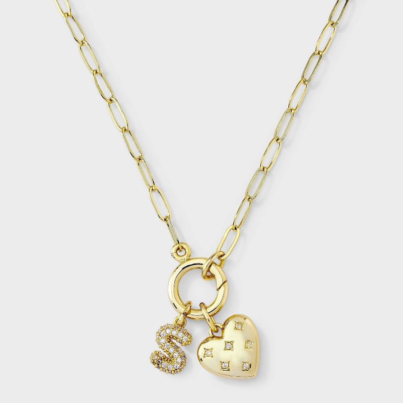 slide 2 of 4, 14K Gold Dipped Cubic Zirconia Puffy Heart Charm S Initial Necklace - A New Day™ Gold, 1 ct