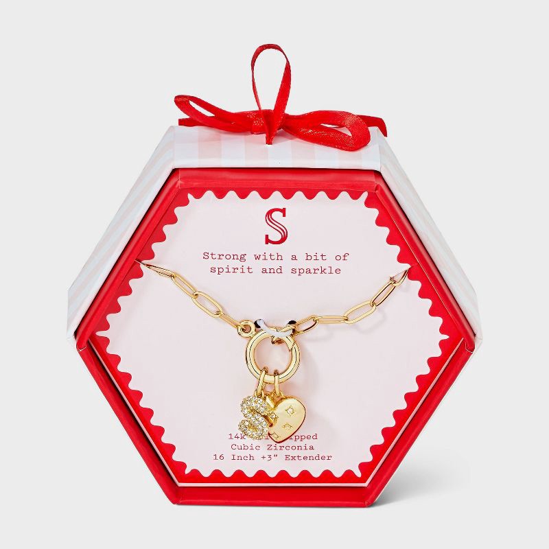 slide 1 of 4, 14K Gold Dipped Cubic Zirconia Puffy Heart Charm S Initial Necklace - A New Day™ Gold, 1 ct
