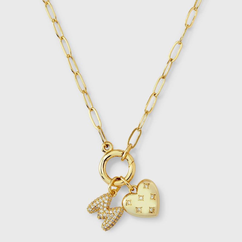 slide 2 of 4, 14K Gold Dipped Cubic Zirconia Puffy Heart Charm M Initial Necklace - A New Day™ Gold, 1 ct