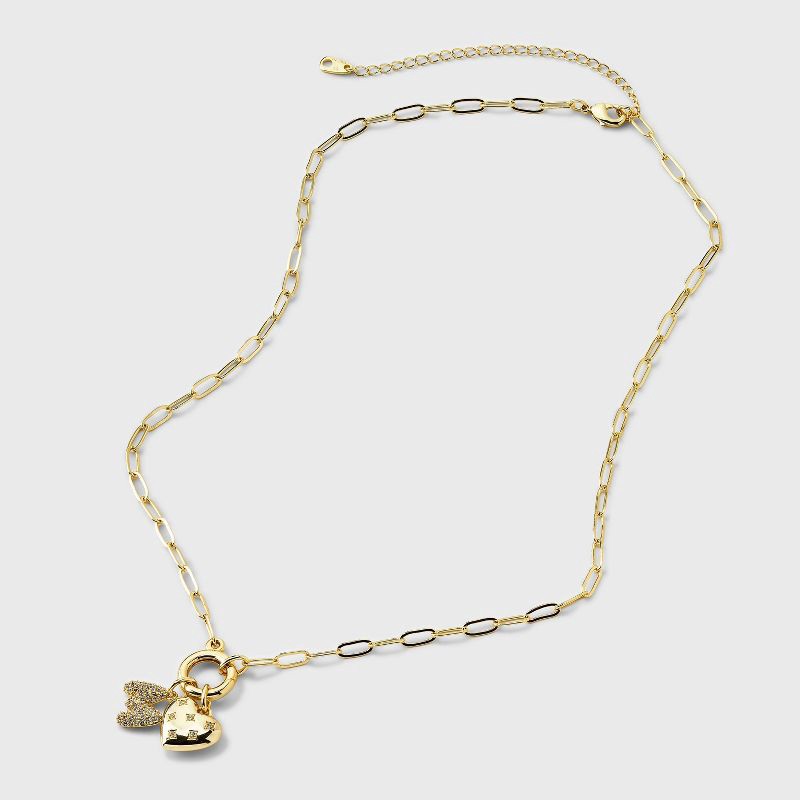 slide 4 of 4, 14K Gold Dipped Cubic Zirconia Puffy Heart Charm M Initial Necklace - A New Day™ Gold, 1 ct