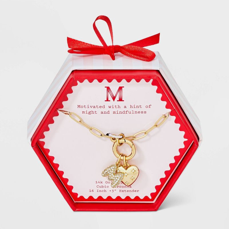 slide 1 of 4, 14K Gold Dipped Cubic Zirconia Puffy Heart Charm M Initial Necklace - A New Day™ Gold, 1 ct
