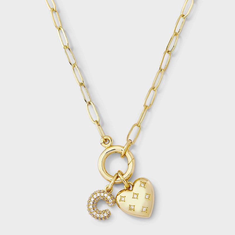 slide 1 of 4, 14K Gold Dipped Cubic Zirconia Puffy Heart Charm C Initial Necklace - A New Day™ Gold, 1 ct