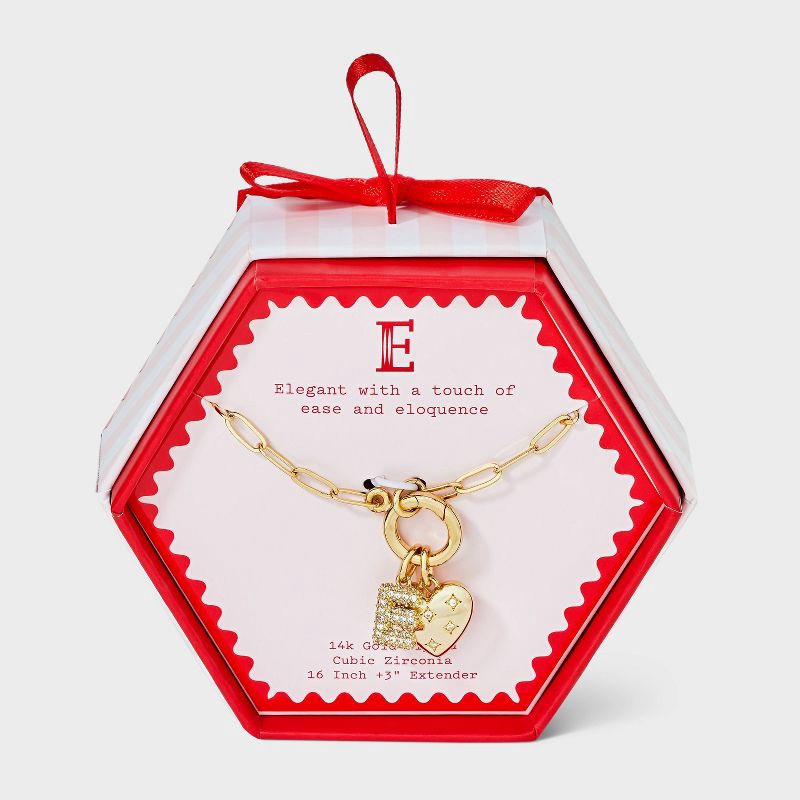 slide 1 of 4, 14K Gold Dipped Cubic Zirconia Puffy Heart Charm E Initial Necklace - A New Day™ Gold, 1 ct