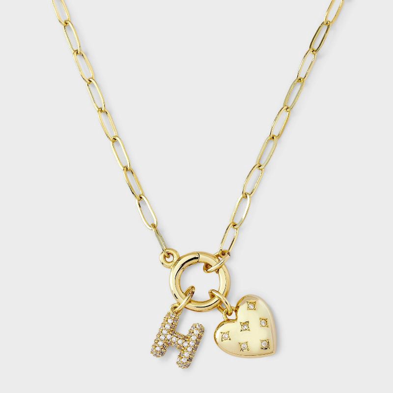 slide 2 of 4, 14K Gold Dipped Cubic Zirconia Puffy Heart Charm H Initial Necklace - A New Day™ Gold, 1 ct