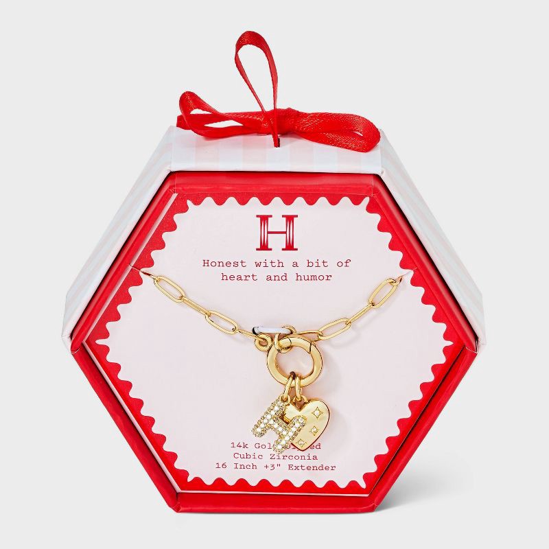 slide 1 of 4, 14K Gold Dipped Cubic Zirconia Puffy Heart Charm H Initial Necklace - A New Day™ Gold, 1 ct