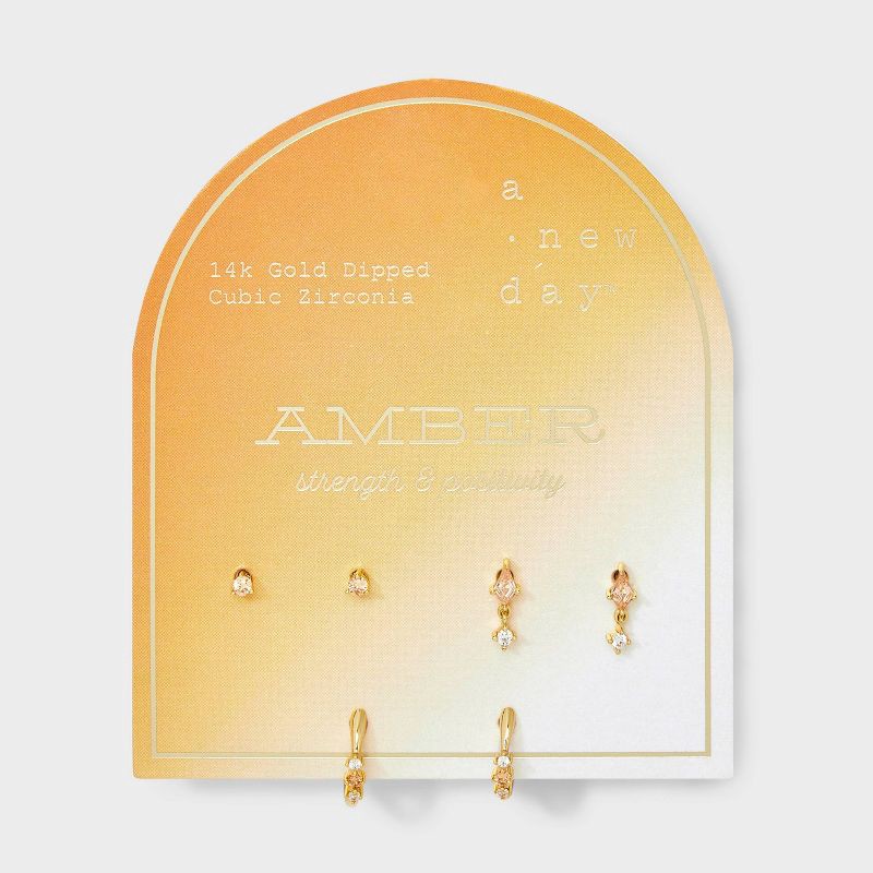 slide 2 of 3, 14K Gold Dipped Cubic Zirconia Stud Earring Set 3pc - A New Day™ Amber, 3 ct
