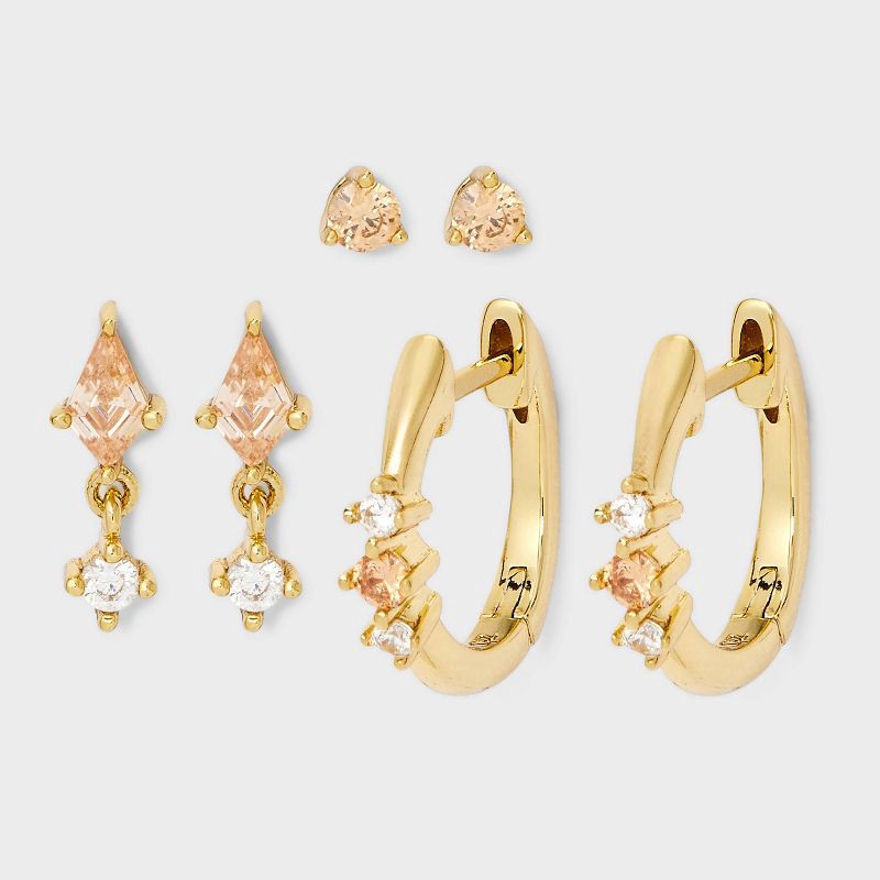 slide 1 of 3, 14K Gold Dipped Cubic Zirconia Stud Earring Set 3pc - A New Day™ Amber, 3 ct