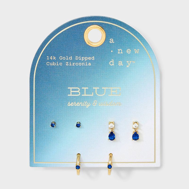 slide 2 of 3, 14K Gold Dipped Cubic Zirconia Stud Earring Set 3pc - A New Day™ Blue, 3 ct