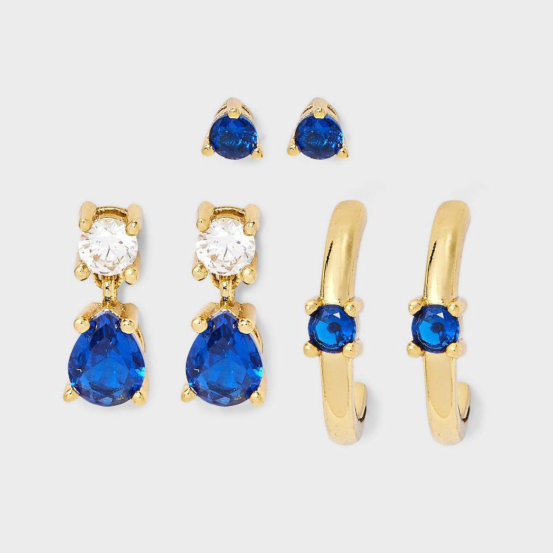 slide 1 of 3, 14K Gold Dipped Cubic Zirconia Stud Earring Set 3pc - A New Day™ Blue, 3 ct