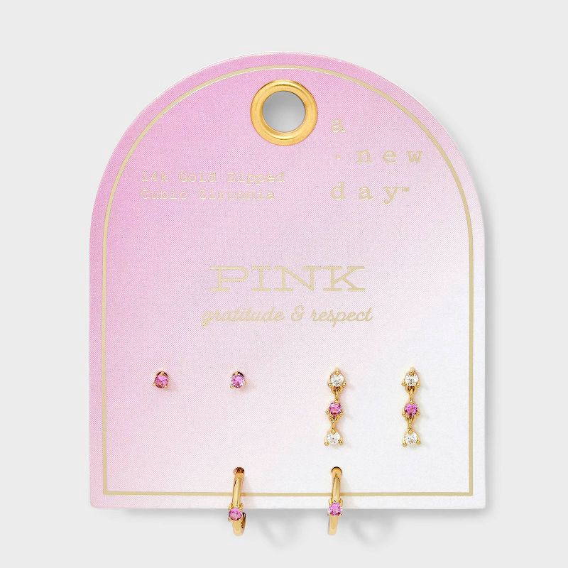 slide 2 of 3, 14K Gold Dipped Cubic Zirconia Stud Earring Set 3pc - A New Day™ Pink, 3 ct