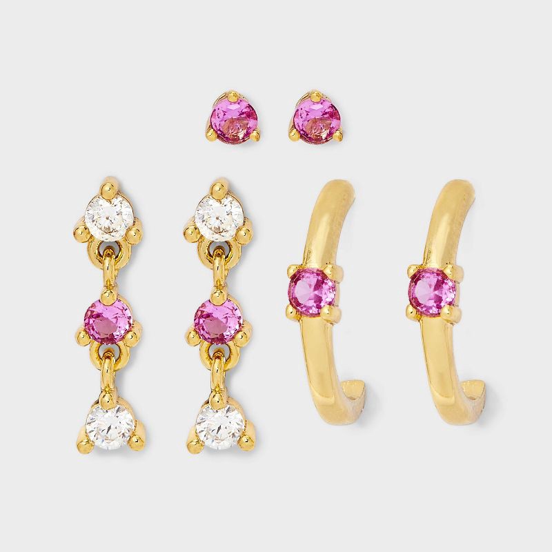 slide 1 of 3, 14K Gold Dipped Cubic Zirconia Stud Earring Set 3pc - A New Day™ Pink, 3 ct