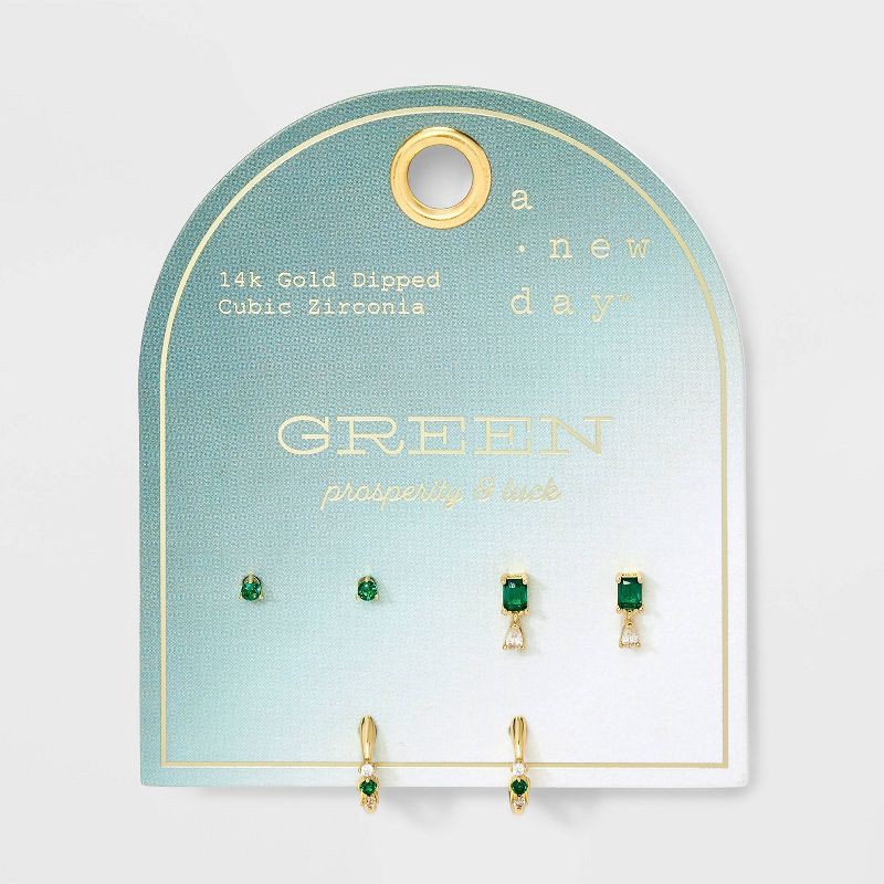 slide 2 of 3, 14K Gold Dipped Cubic Zirconia Stud Earring Set 3pc - A New Day™ Green, 3 ct