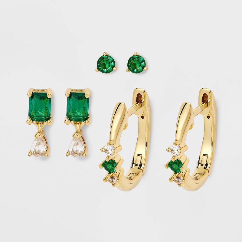 slide 1 of 3, 14K Gold Dipped Cubic Zirconia Stud Earring Set 3pc - A New Day™ Green, 3 ct