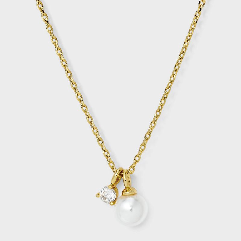 slide 1 of 4, 14K Gold Plated Cubic Zirconia Pearl Charm Pendant Necklace - A New Day™ Gold, 1 ct