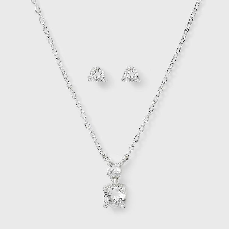 slide 2 of 4, Silver Plated Cubic Zirconia Drop Pendant Necklace and Stud Earring Set 2pc - A New Day™ Silver, 2 ct