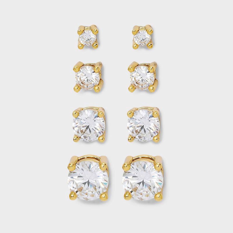 slide 2 of 3, 14K Gold Plated Cubic Zirconia Round Stud Earring Set 4pc - A New Day™ Gold, 4 ct