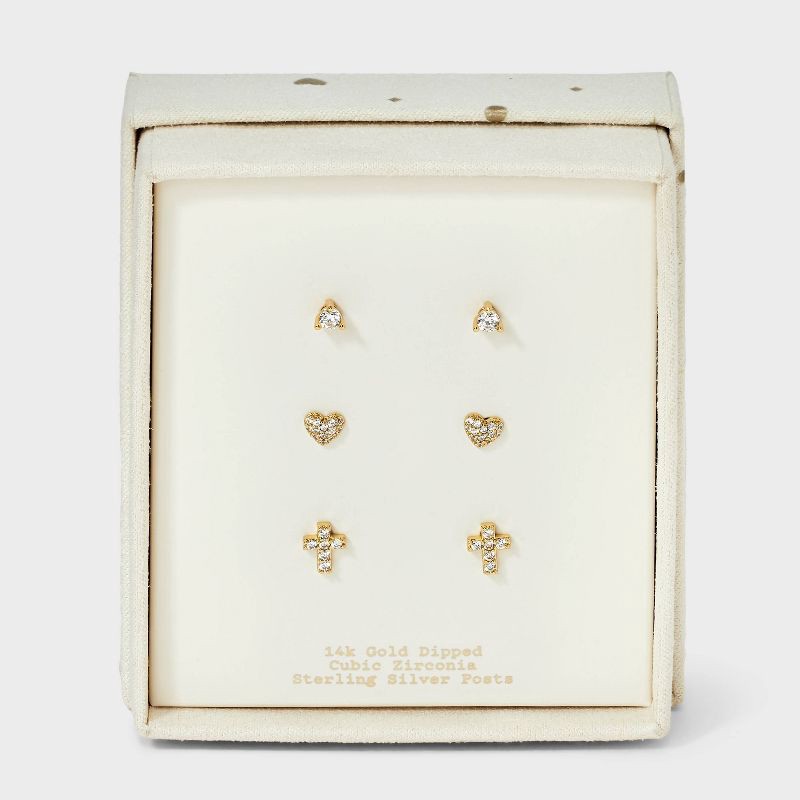 slide 2 of 3, 14K Gold Plated Cubic Zirconia Heart and Cross Earring Set 3pc - A New Day™ Gold, 3 ct
