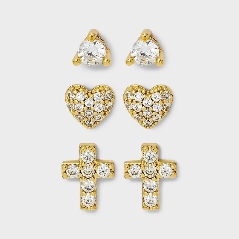slide 1 of 3, 14K Gold Plated Cubic Zirconia Heart and Cross Earring Set 3pc - A New Day™ Gold, 3 ct