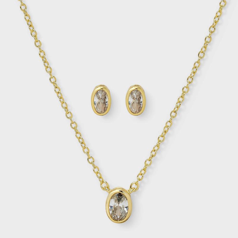 slide 2 of 4, 14K Gold Dipped Cubic Zirconia Oval Necklace and Stud Earring Set 2pc - A New Day™ Gold, 2 ct