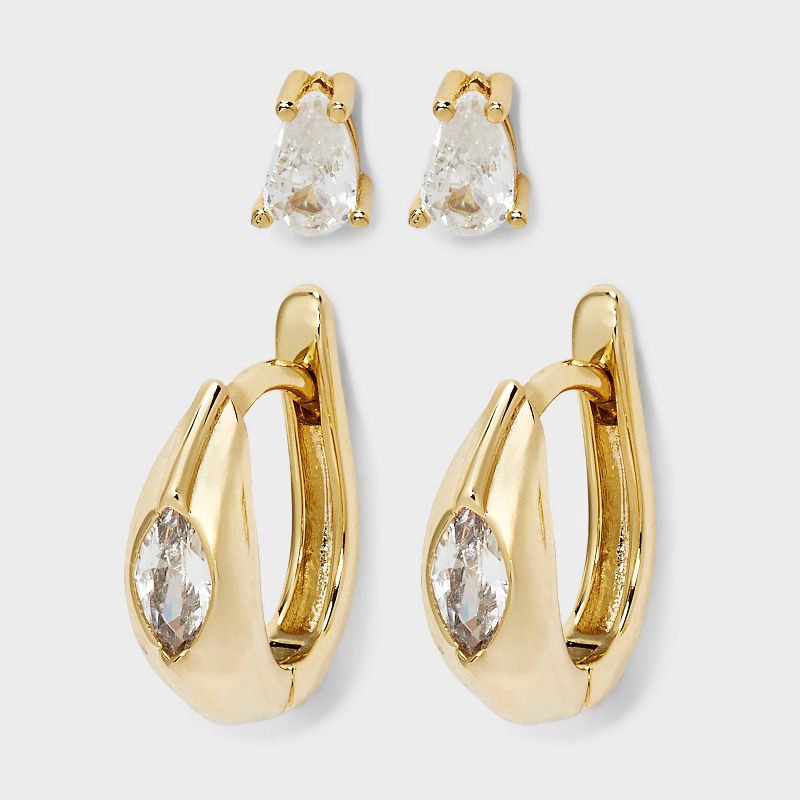 slide 2 of 3, 14K Gold Dipped Cubic Zirconia Gem Huggie Hoop and Stud Earring Set 2pc - A New Day™ Gold, 2 ct