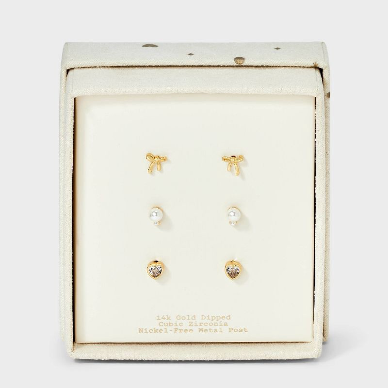 slide 2 of 3, 14K Gold Dipped Cubic Zirconia Pearl Heart Bow Earring Set 3pc - A New Day™ Gold/Ivory, 3 ct