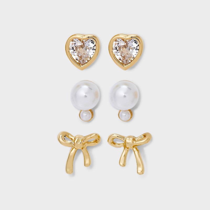 slide 1 of 3, 14K Gold Dipped Cubic Zirconia Pearl Heart Bow Earring Set 3pc - A New Day™ Gold/Ivory, 3 ct