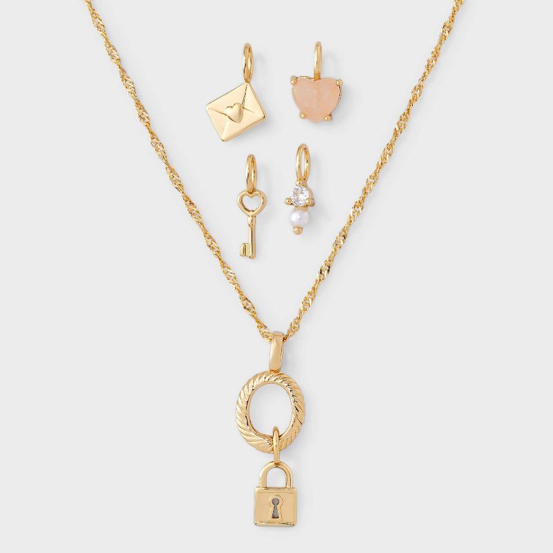 slide 3 of 4, 14K Gold Dipped Cubic Zirconia Lock Pendant Charm Necklace Set 5pc - A New Day™ Gold, 5 ct