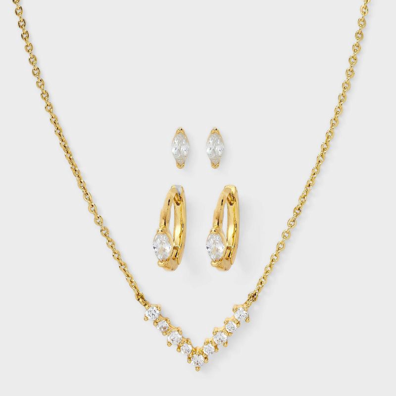 slide 1 of 5, 14K Gold Dipped Cubic Zirconia V Shape Necklace and Huggie Stud Earring Set 3pc - A New Day™ Gold, 3 ct
