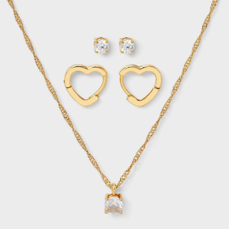 slide 3 of 5, 14K Gold Dipped Cubic Zirconia Bezel Necklace and Huggie Stud Earring Set 3pc - A New Day™ Gold, 3 ct