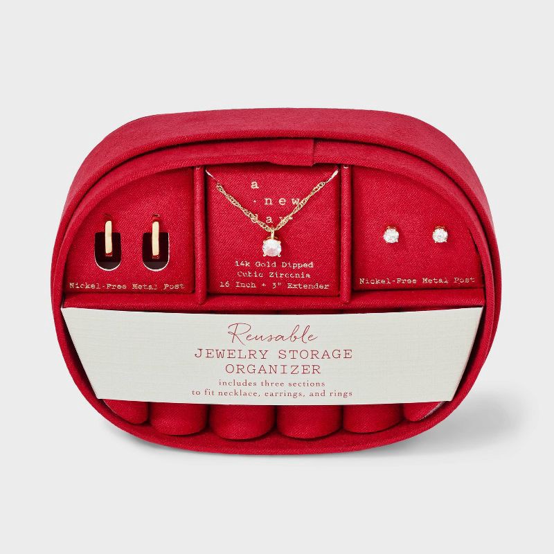 slide 1 of 5, 14K Gold Dipped Cubic Zirconia Bezel Necklace and Huggie Stud Earring Set 3pc - A New Day™ Gold, 3 ct