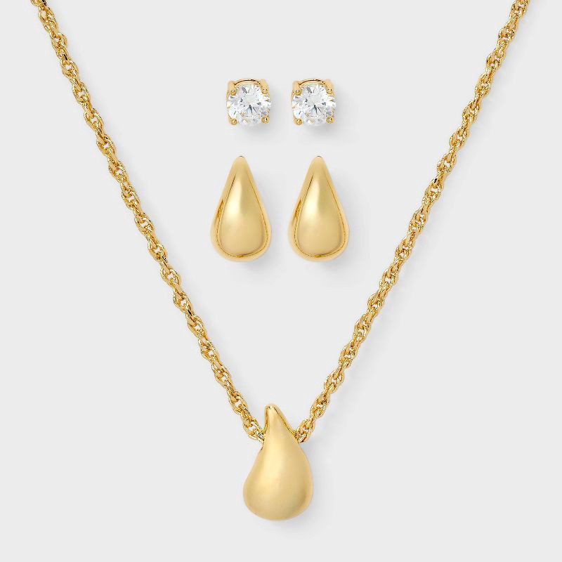 slide 3 of 5, 14K Gold Dipped Cubic Zirconia Teardrop Necklace and Stud Earring Set 3pc - A New Day™ Gold, 3 ct