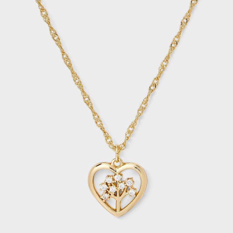 slide 2 of 4, 14K Gold Dipped Cubic Zirconia Family Tree Heart Necklace - Gold, 1 ct